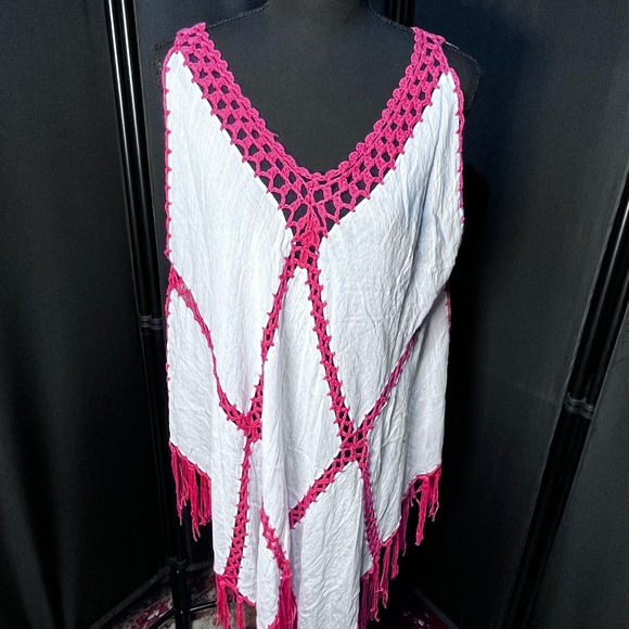 Boho Women Crochet Fringe Handkerchief Top White Pink One Size Festival - Picture 2 of 10